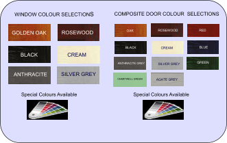 COMPOSITE DOOR COLOUR  SELECTIONS OAK ROSEWOOD RED BLACK CREAM ANTHRACITE GREY BLUE SILVER GREY   GREEN CHARTWELL GREEN AGATE GREY Special Colours Available SILVER GREY BLACK  CREAM ANTHRACITE  GOLDEN OAK  ROSEWOOD    WINDOW COLOUR SELECTIONS Special Colours Available